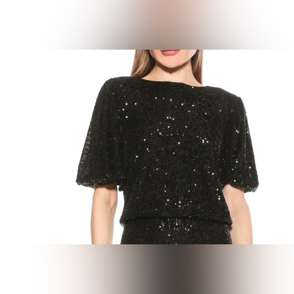 Alexia Admor Black Sequin Blake Sequin Boxy Crop Top Sz S Keyhole back button - Picture 1 of 6
